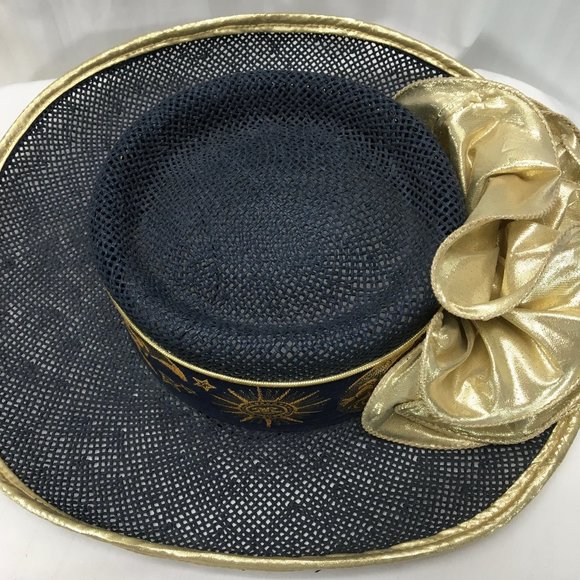 Blue Accessory Lady Straw Sun Hat with Gold Embroidery, Rim, & Ruffle main image 5